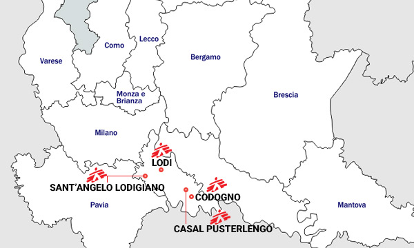 Mappa dell'intervento di MSF in Italia contro il coronavirus